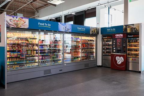 Fridges filled with products and a Costa self-service machine in Poundland's Nottingham store